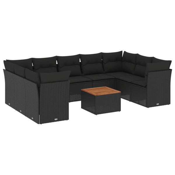 vidaXL 10-dijelni set vrtnih sofa s jastucima crni od poliratana