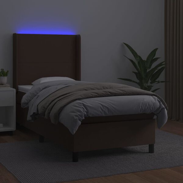 vidaXL Krevet box spring s madracem LED smeđi 100x200 cm umjetna koža