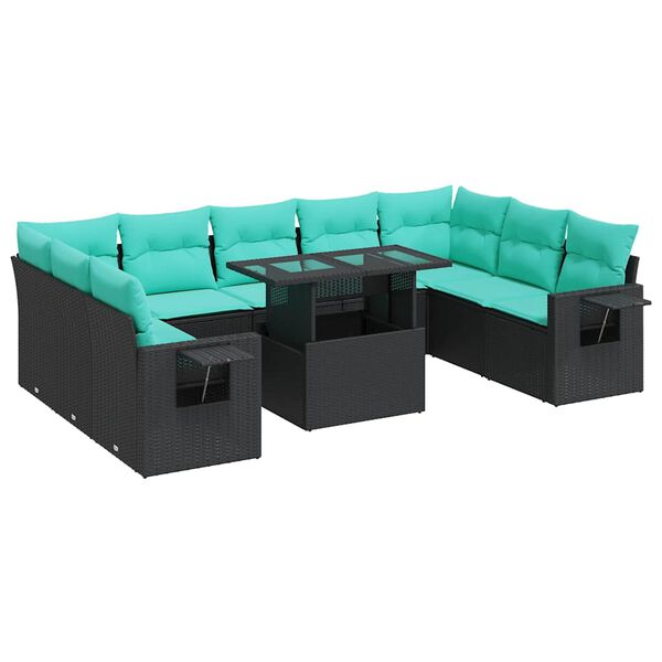 vidaXL 10-dijelni set vrtnih sofa s jastucima crni poliratana bagrem
