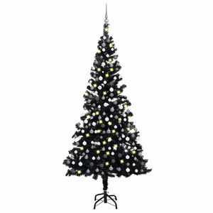 vidaXL Umjetno osvijetljeno božićno drvce s kuglicama crno 210 cm PVC