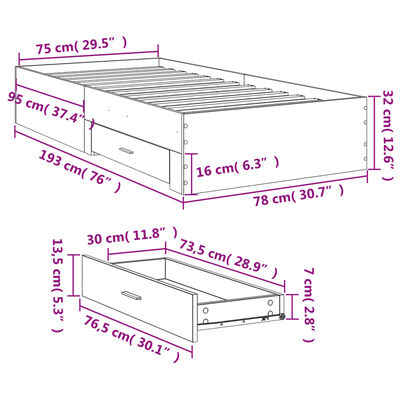 vidaXL Okvir kreveta s ladicama boja hrasta sonome 75x190 cm drveni
