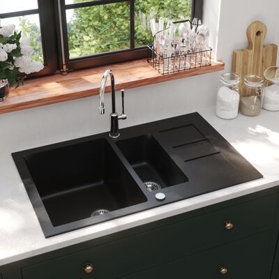 vidaXL Granitni kuhinjski sudoper s dva korita crni