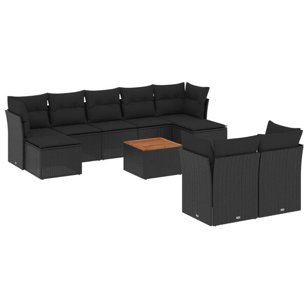 vidaXL 10-dijelni set vrtnih sofa s jastucima crni od poliratana