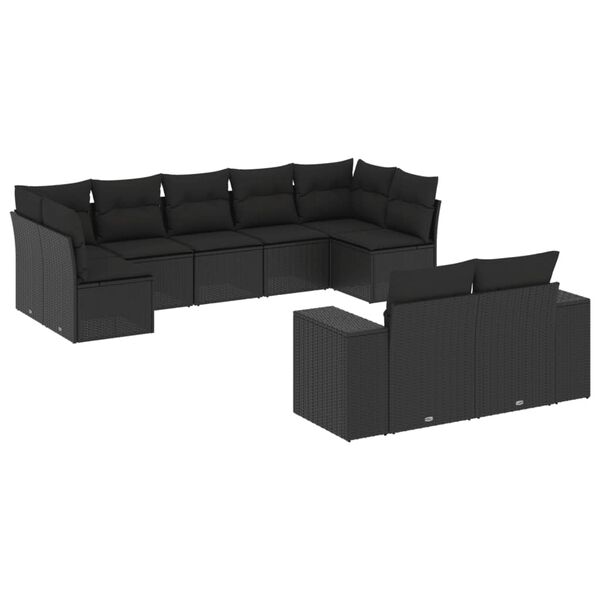vidaXL 9-dijelni set vrtnih sofa s jastucima crni od poliratana