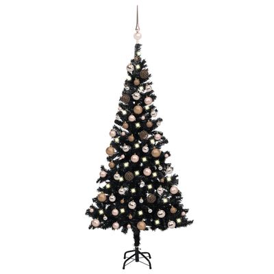 vidaXL Umjetno osvijetljeno božićno drvce s kuglicama crno 180 cm PVC