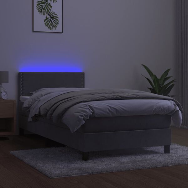 vidaXL Krevet box spring s madracem LED svjetlosivi 90x200 cm bar&scaron;un