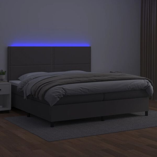 vidaXL Krevet box spring s madracem LED sivi 200x200cm od umjetne kože