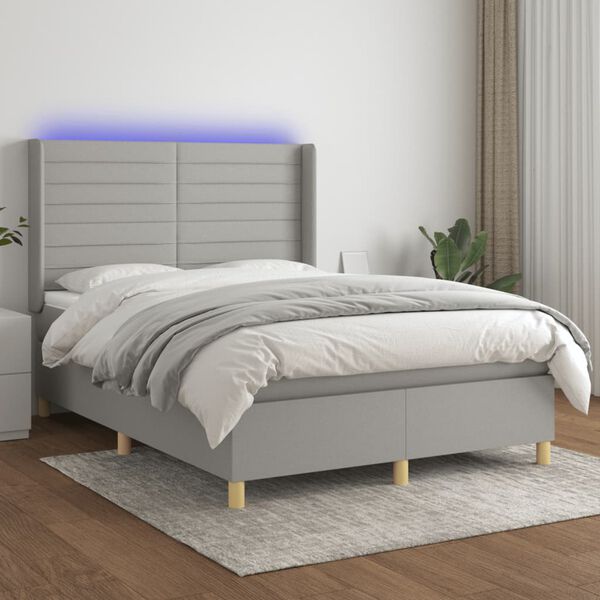 vidaXL Krevet box spring s madracem LED svjetlosivi 140x190 cm tkanina