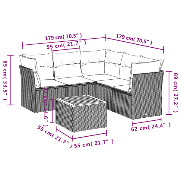 vidaXL 6-dijelni set vrtnih sofa s jastucima crni od poliratana