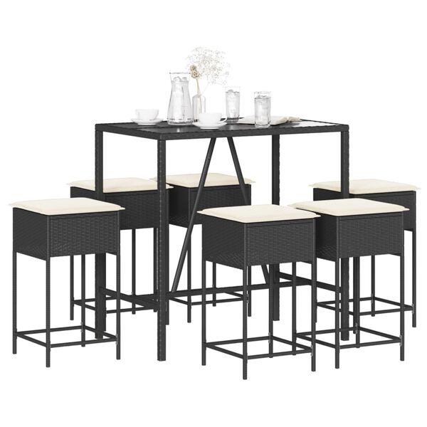 vidaXL 7-dijelni vrtni barski set od poliratana s jastucima crni