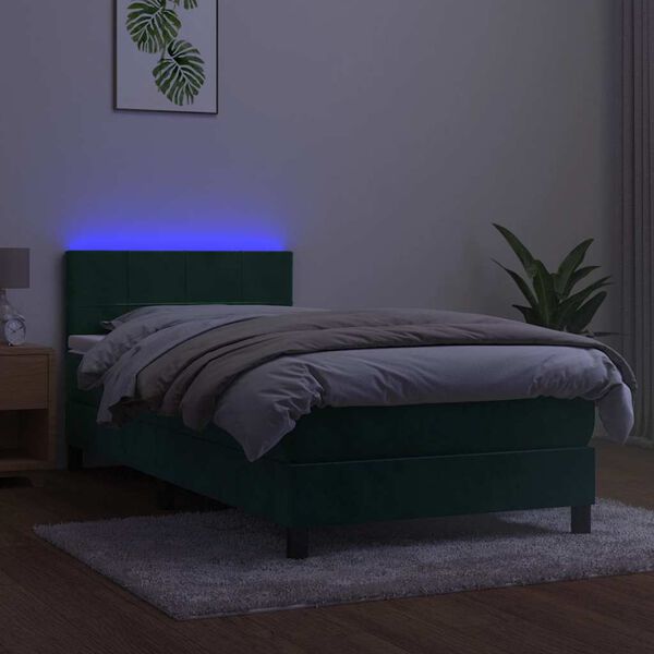 vidaXL Krevet box spring s madracem LED tamnozeleni 100x200 cm bar&scaron;un
