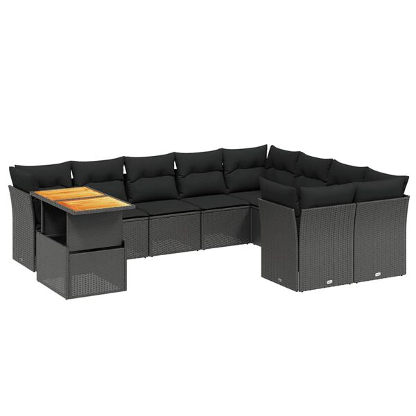 vidaXL 10-dijelni set vrtnih sofa s jastucima crni od poliratana