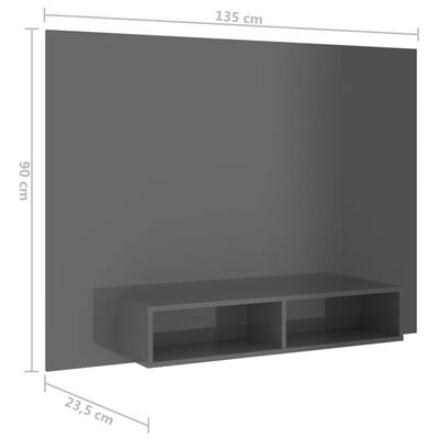 vidaXL Zidni TV ormarić visoki sjaj sivi 135 x 23,5 x 90 cm od iverice