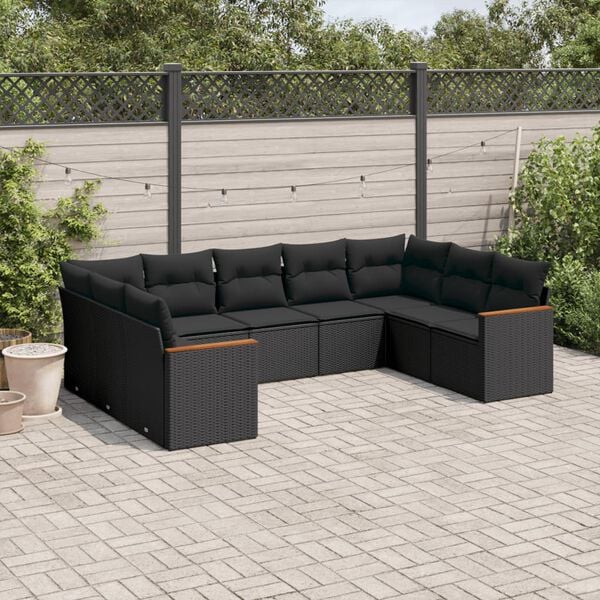vidaXL 9-dijelni set vrtnih sofa s jastucima crni od poliratana