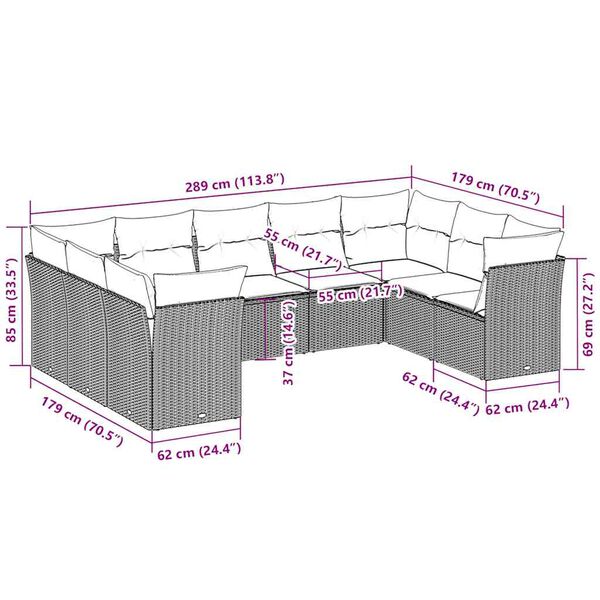 vidaXL 9-dijelni set vrtnih sofa od poliratana s jastucima svjetlosivi