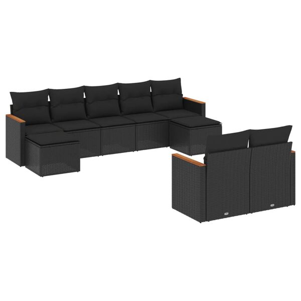 vidaXL 9-dijelni set vrtnih sofa s jastucima crni od poliratana