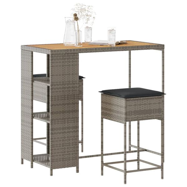 vidaXL 3-dijelni vrtni barski set od poliratana s jastucima sivi