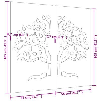 vidaXL Vrtni zidni ukrasi 2 kom 105x55 cm čelik COR-TEN uzorak stabla