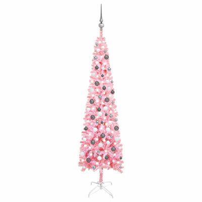 vidaXL Tanko osvijetljeno božićno drvce s kuglicama ružičasto 210 cm