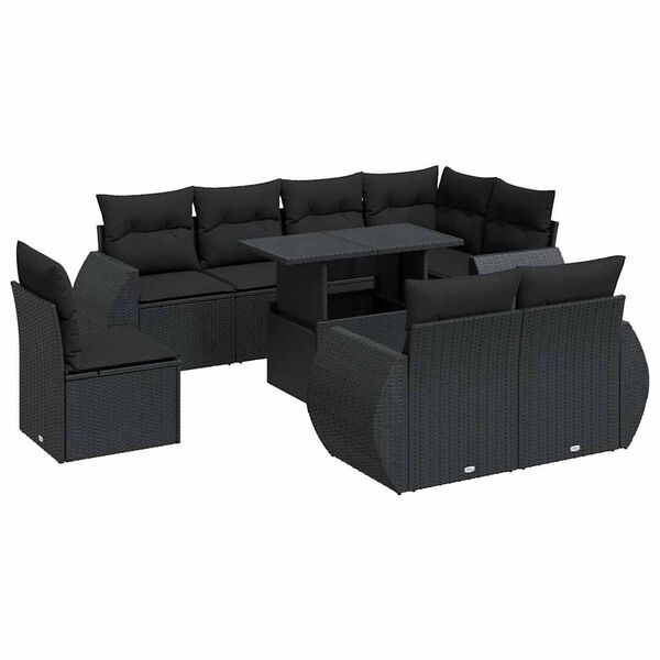 vidaXL 9-dijelni set vrtnih sofa s jastucima crni od poliratana