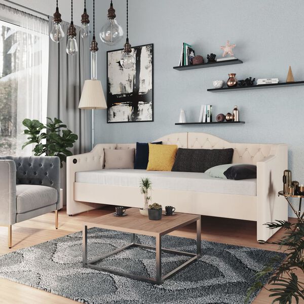 vidaXL Dnevni ležaj s USB-om Krem od tkanine 90 x 200 cm