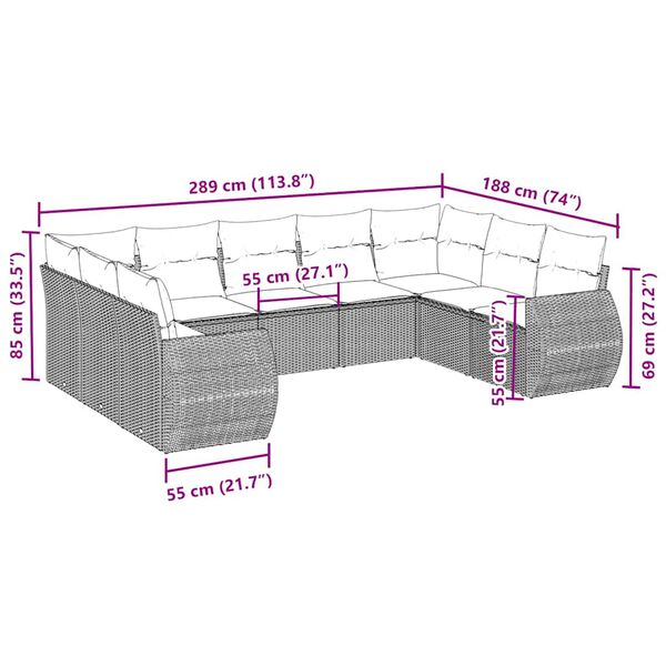 vidaXL 9-dijelni set vrtnih sofa s jastucima crni od poliratana
