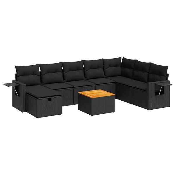 vidaXL 9-dijelni set vrtnih sofa s jastucima crni od poliratana