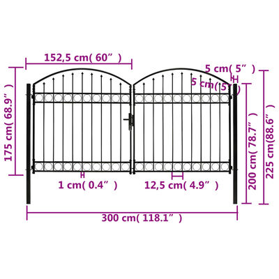 vidaXL Dvostruka vrata za ogradu s lučnim vrhom čelik 300x175 cm crna