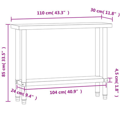 vidaXL Kuhinjski radni stol 110x30x85 cm od nehrđajućeg čelika