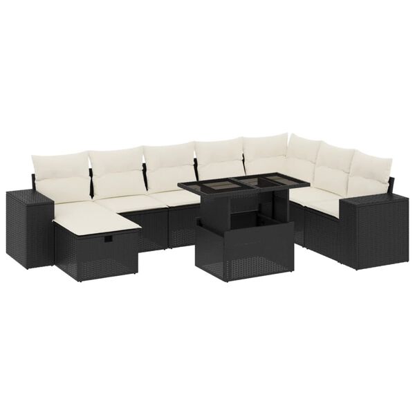 vidaXL 9-dijelni set vrtnih sofa s jastucima crni od poliratana
