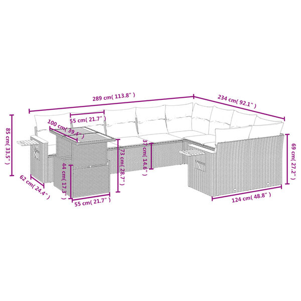 vidaXL 10-dijelni set vrtnih sofa s jastucima crni od poliratana