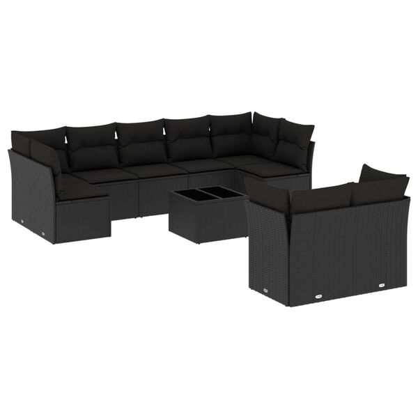 vidaXL 10-dijelni set vrtnih sofa s jastucima crni od poliratana