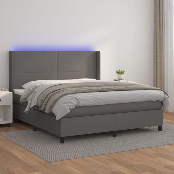 vidaXL Krevet box spring s madracem LED sivi 160x200cm od umjetne kože