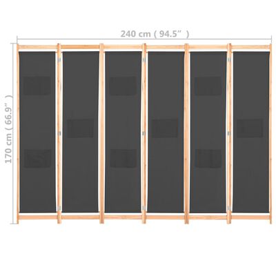 vidaXL Sobna pregrada sa 6 panela od tkanine 240 x 170 x 4 cm siva