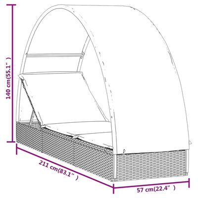 vidaXL Ležaj za sunčanje s krovom sivi 211 x 57 x 140 cm poliratan