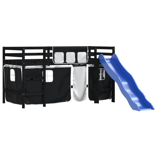 vidaXL Dječji krevet na kat i zavjese crno-bijeli 80 x 200 cm borovina