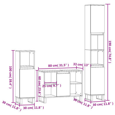 vidaXL 3-dijelni set kupaonskog namještaja siva boja betona drveni