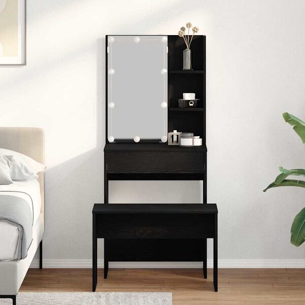 vidaXL LED Set Toaletnog Stola 2 pcs Crni hrast Konstruirano drvo