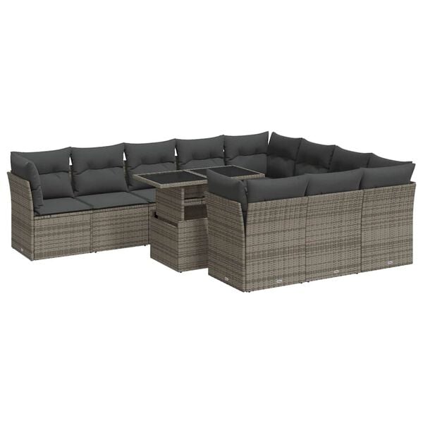 vidaXL 11-dijelni set vrtnih sofa od poliratana s jastucima sivi