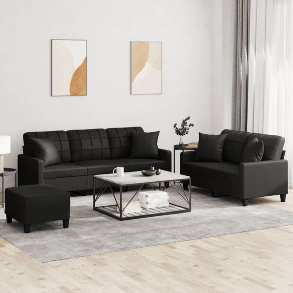 vidaXL 3-dijelni set sofa s jastucima crna od umjetne kože