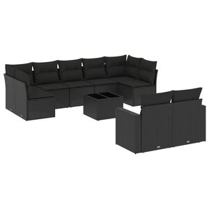 vidaXL 10-dijelni set vrtnih sofa s jastucima crni od poliratana