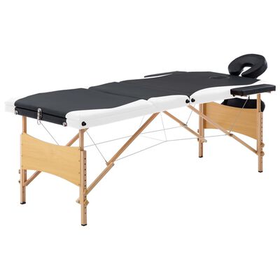 vidaXL Sklopivi stol za masažu s 3 zone drveni crno-bijeli