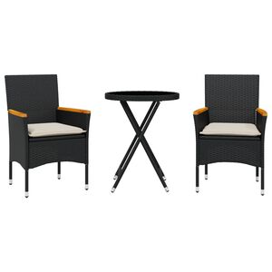 vidaXL 3-dijelni bistro set s jastucima crni od poliratana i stakla