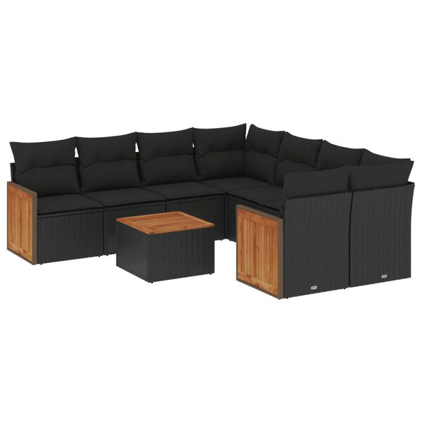 vidaXL 9-dijelni set vrtnih sofa s jastucima crni od poliratana