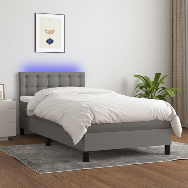 vidaXL Krevet box spring s madracem LED tamnosivi 90x190 cm tkanina