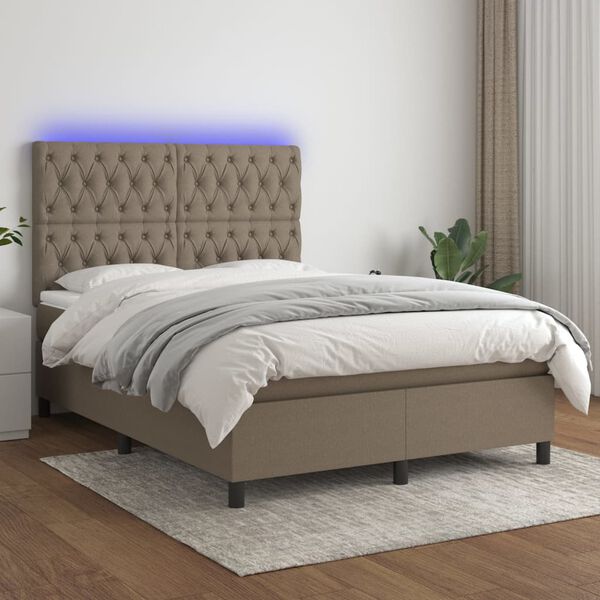 vidaXL Krevet box spring s madracem LED smeđesivi 140x190 cm tkanina