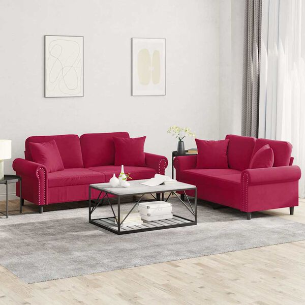 vidaXL 2-dijelni set sofa s jastucima crvena boja vina baršunasti