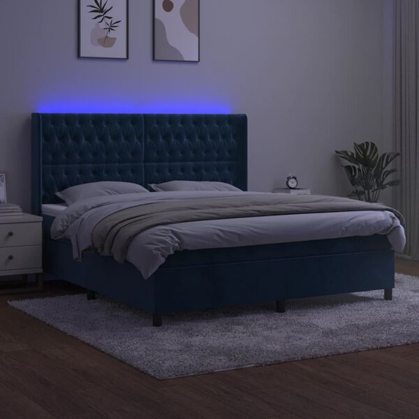 vidaXL Krevet box spring s madracem LED tamnoplavi 180x200 cm bar&scaron;un
