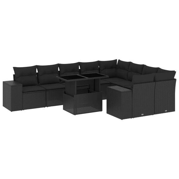 vidaXL 10-dijelni set vrtnih sofa s jastucima crni od poliratana