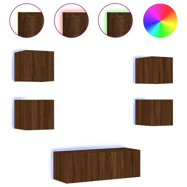 vidaXL 6-dijelni zidni TV elementi s LED svjetlima boja smeđeg hrasta